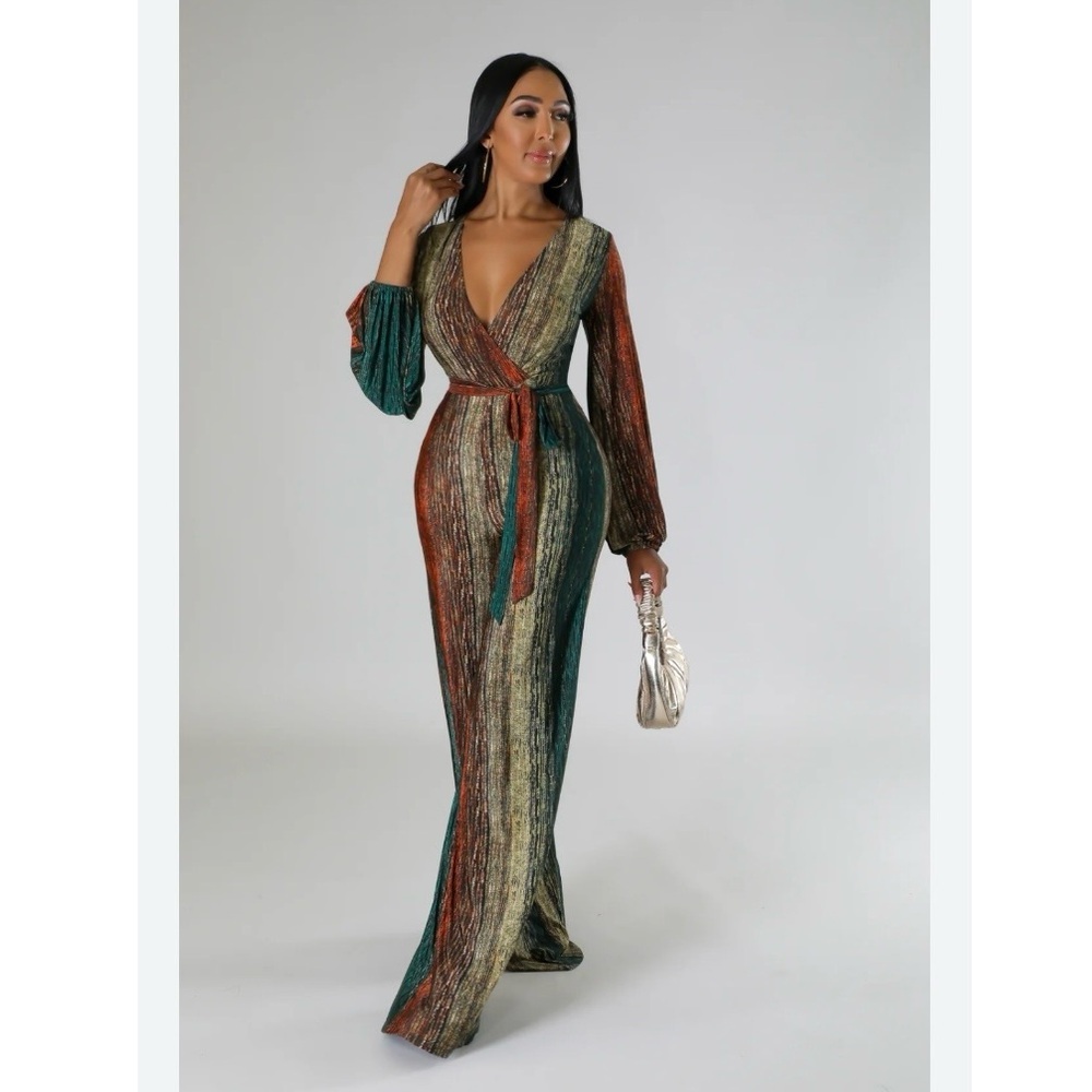 Ms. Bling Metallic Shimmer Jumpsuit Long Balloon Sleeves Deep V-Neck NWT